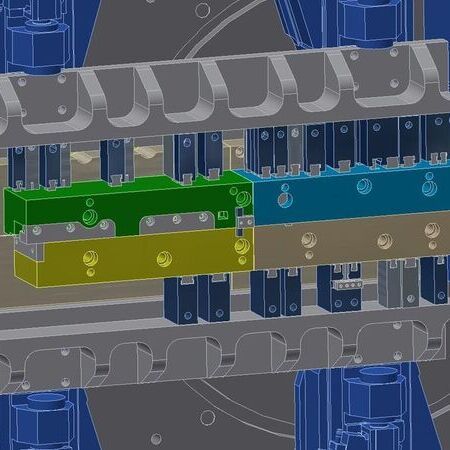 3D-Modell einer Maschinenkomponente mit farbigen Elementen